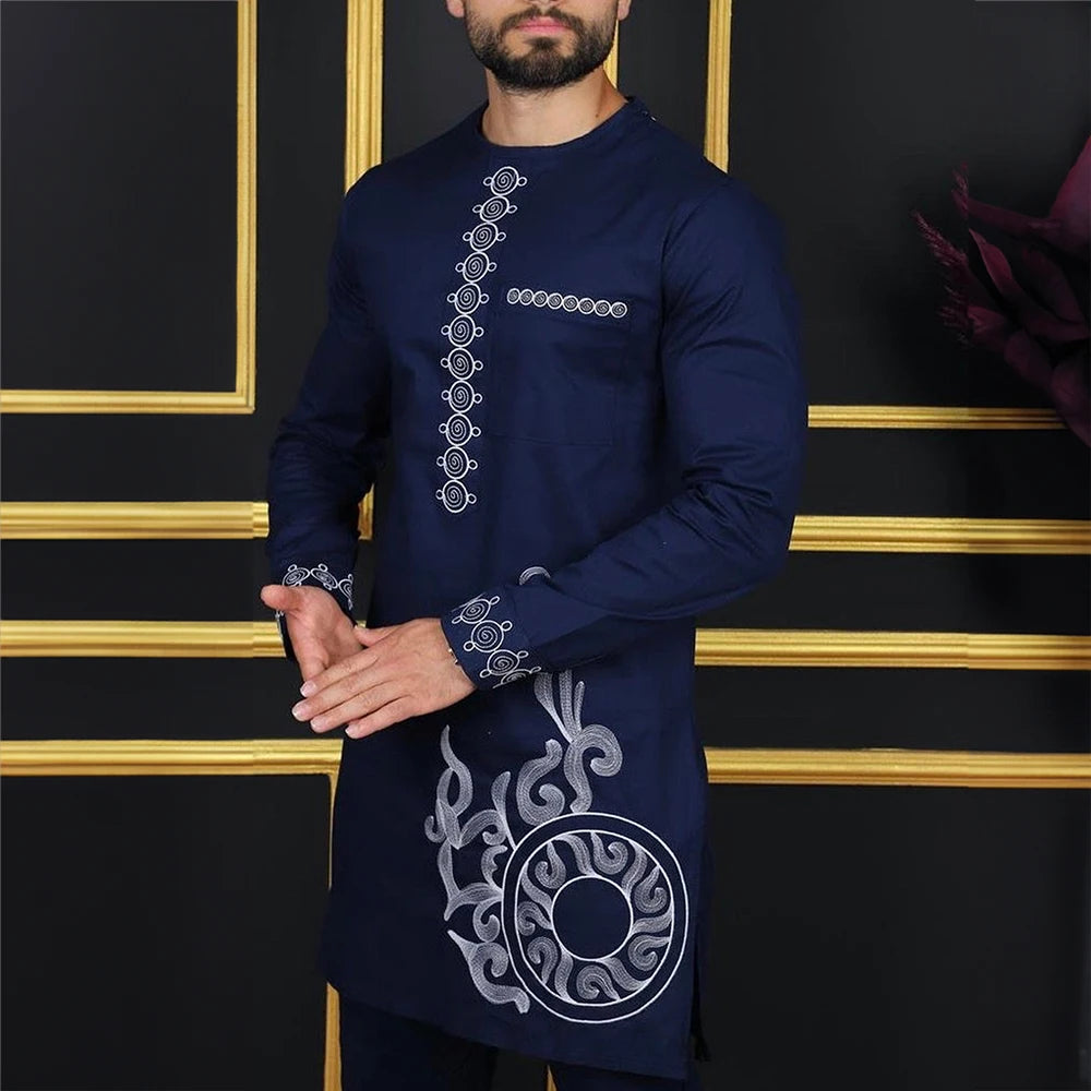 New 2Pc Set Men's Luxury Designer Clothing Elegant Full Suit Male's Pant Sets To Dress African Ethnic Traditional Outfit Dashiki