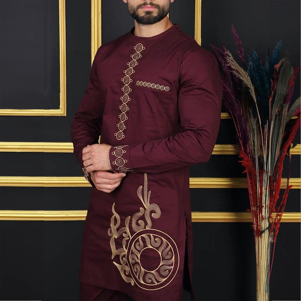 New 2Pc Set Men's Luxury Designer Clothing Elegant Full Suit Male's Pant Sets To Dress African Ethnic Traditional Outfit Dashiki