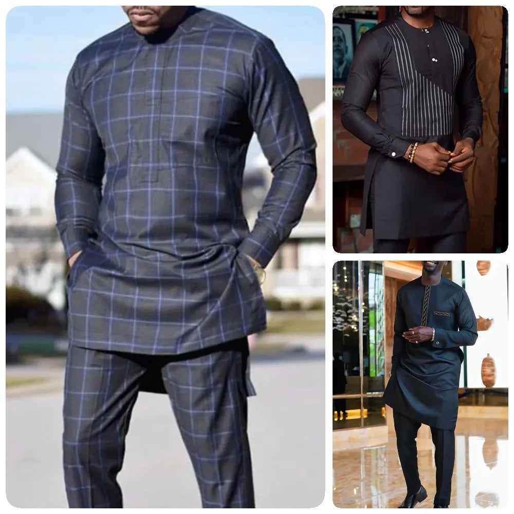 African Clothing For Man Dashiki Style Men's Plaid Shirts And Pants 2 Piece Casual Suits Kaftan Wear Suits Men Clothing (M-4XL)