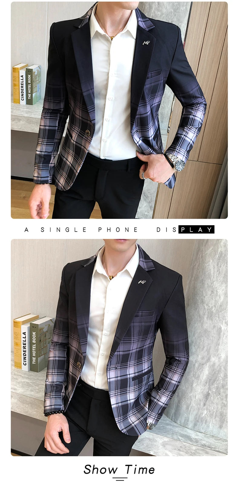 Blazer Men Boutique Fashion Plaid Men's Slim Casual Suit Jacket Male Ball Social Blazer Suit Coat Host Clothing