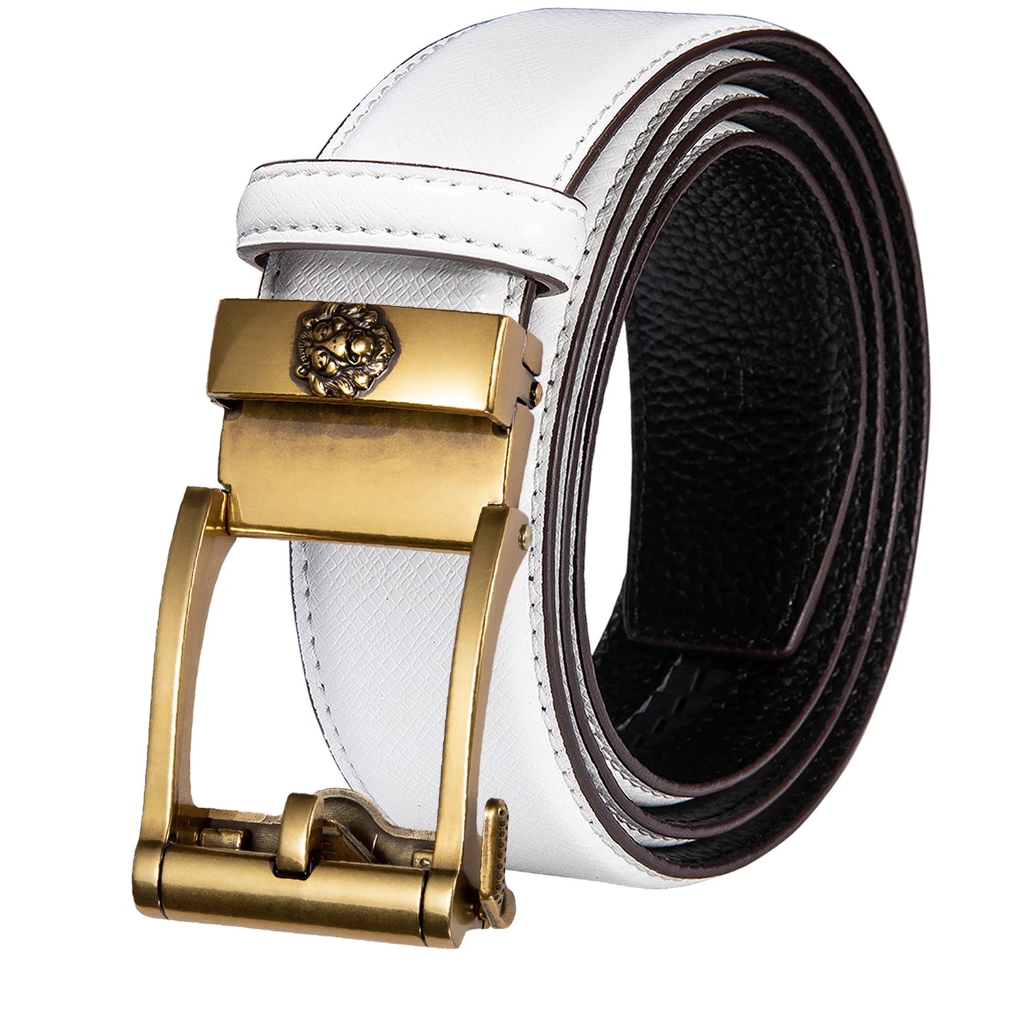 High Quality White Genuine Leather Mens Belts Gold Automatic Buckles Waistband Ratchet for Dress Jeans Casual Wedding Luxury