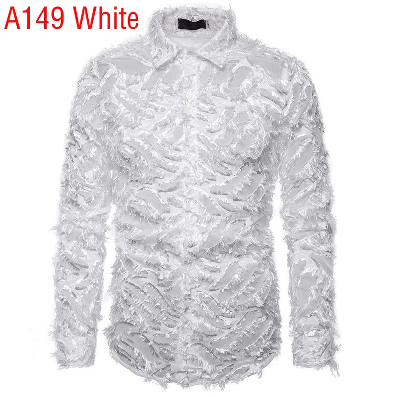 Sexy Black Feather Lace Shirt Men 2023 Fashion See Through Clubwear Dress Shirts Mens Event Party Prom Transparent Chemise S-3XL