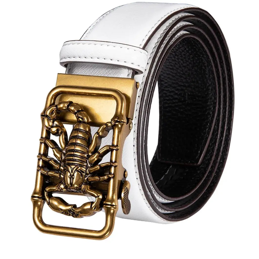 High Quality White Genuine Leather Mens Belts Gold Automatic Buckles Waistband Ratchet for Dress Jeans Casual Wedding Luxury