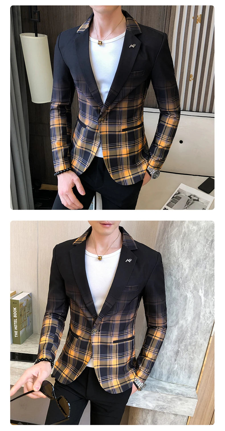 Blazer Men Boutique Fashion Plaid Men's Slim Casual Suit Jacket Male Ball Social Blazer Suit Coat Host Clothing