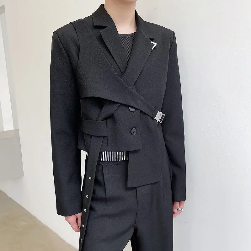 IEFB Men's Chic Short Blazer 2023 New Autumn Detachable Two-piece Suit Coat Irregular Hem Fashion Design Black Jacket 9Y9250