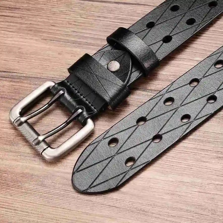 Men's Leather Double Prong Belt Classic Pin Buckle Strap Universal Hollowed Out Waistband NEW Width:3.8cm