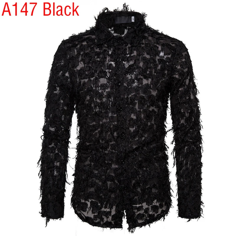 Sexy Black Feather Lace Shirt Men 2023 Fashion See Through Clubwear Dress Shirts Mens Event Party Prom Transparent Chemise S-3XL