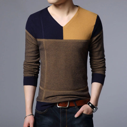 New Men Pullover Fashion Young V Neck Spring Autumn Slim Fit  Knit Patchwork Striped Male Casual Jumpers Outwear Full Sweater