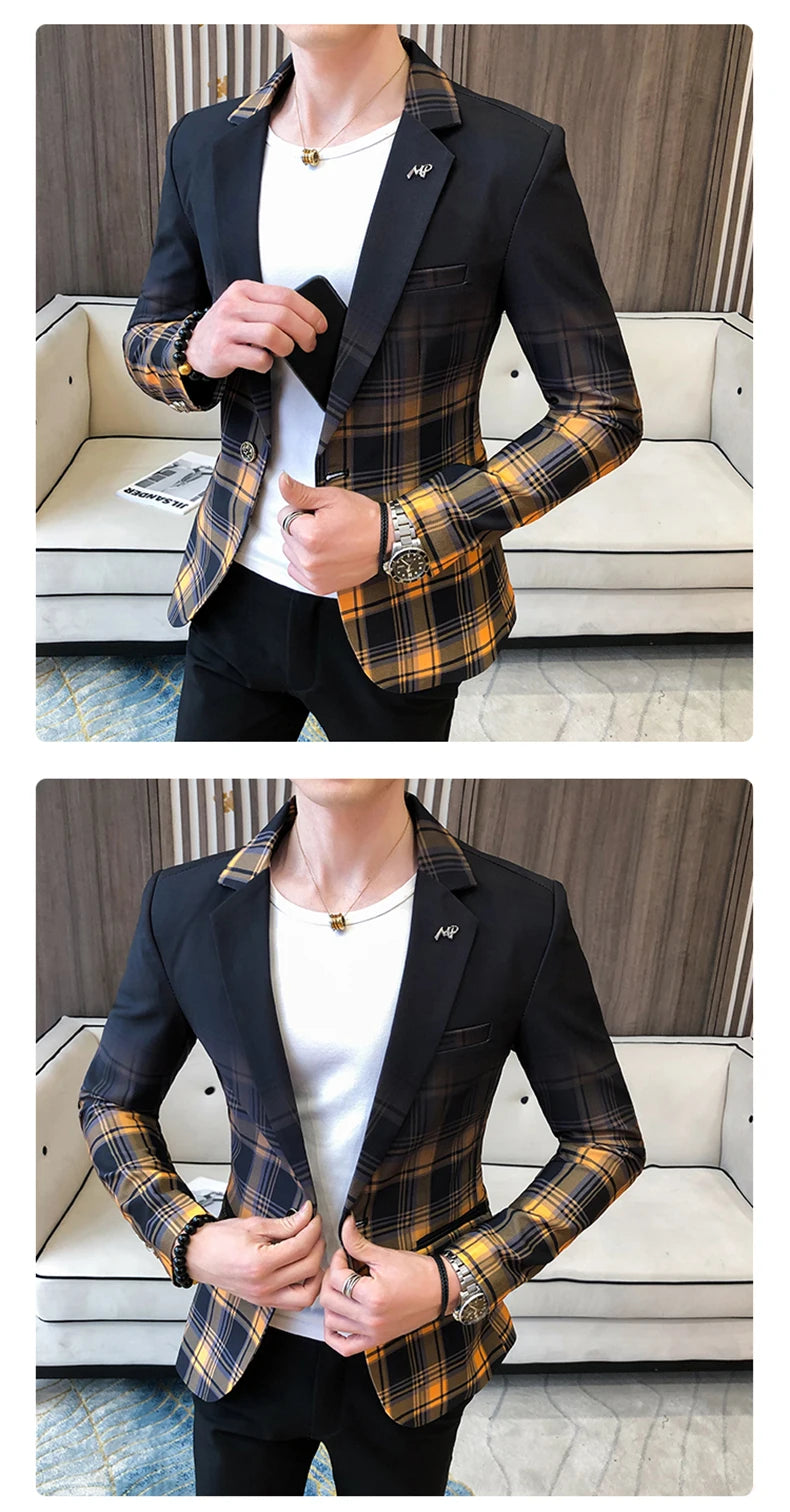 Blazer Men Boutique Fashion Plaid Men's Slim Casual Suit Jacket Male Ball Social Blazer Suit Coat Host Clothing