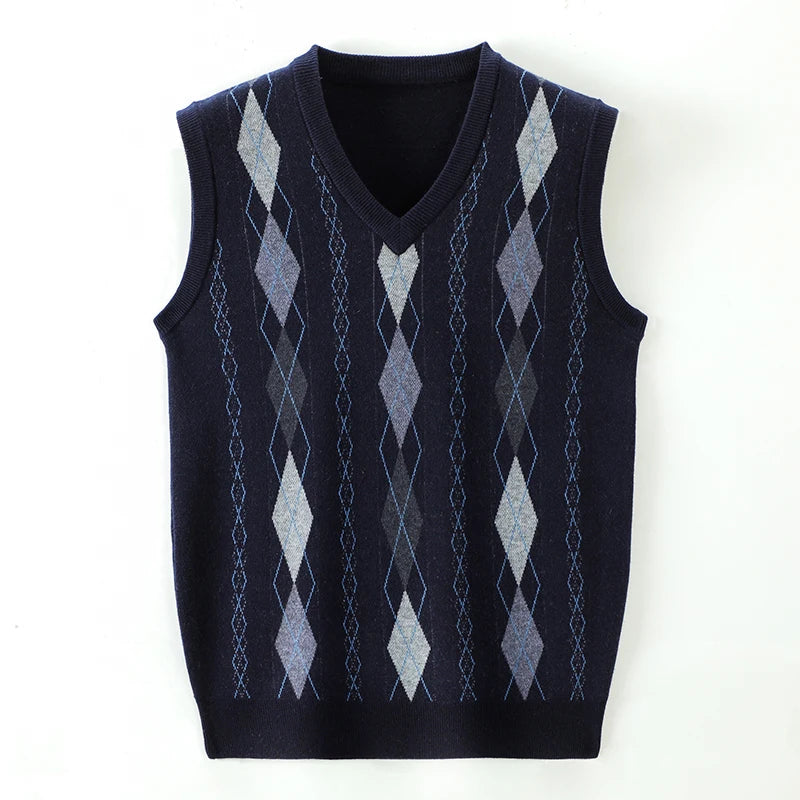 New Autum Fashion Brand Argyle Pullover Sweater V Neck Knit Vest Men Diamond Trendy 6% Wool Sleeveless Casual Men Clothing