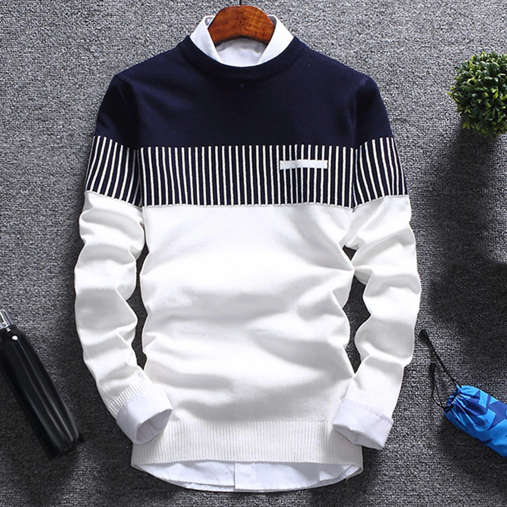 Fashion Men striped Sweater pullover Color Block Patchwork O Neck Long Sleeve Knitted Sweater Top Blouse For Warm Men's Clothing