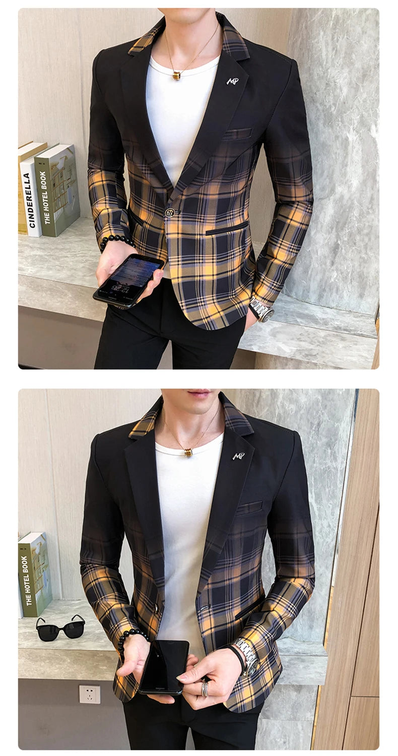 Blazer Men Boutique Fashion Plaid Men's Slim Casual Suit Jacket Male Ball Social Blazer Suit Coat Host Clothing