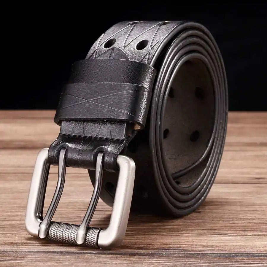 Men's Leather Double Prong Belt Classic Pin Buckle Strap Universal Hollowed Out Waistband NEW Width:3.8cm