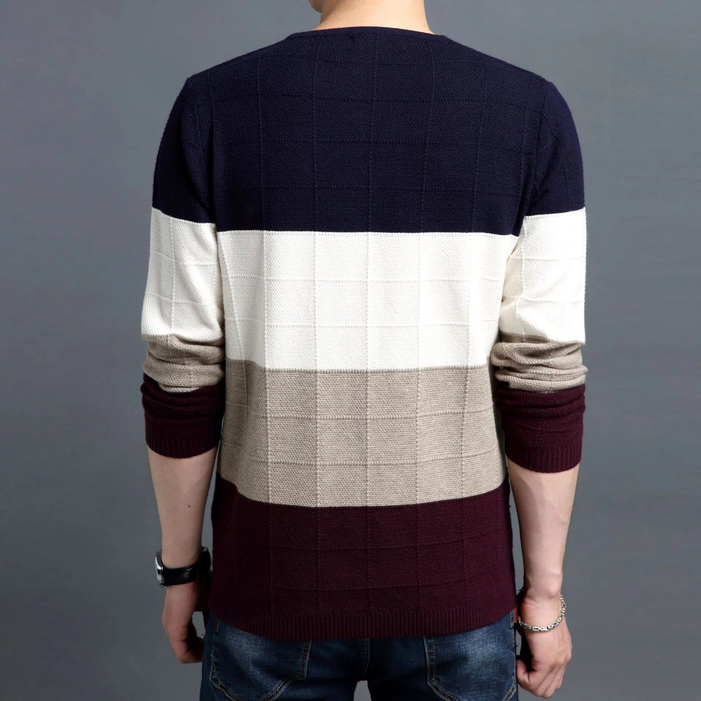 New Men Pullover Fashion Young V Neck Spring Autumn Slim Fit  Knit Patchwork Striped Male Casual Jumpers Outwear Full Sweater