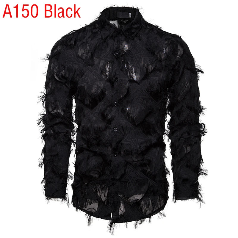 Sexy Black Feather Lace Shirt Men 2023 Fashion See Through Clubwear Dress Shirts Mens Event Party Prom Transparent Chemise S-3XL