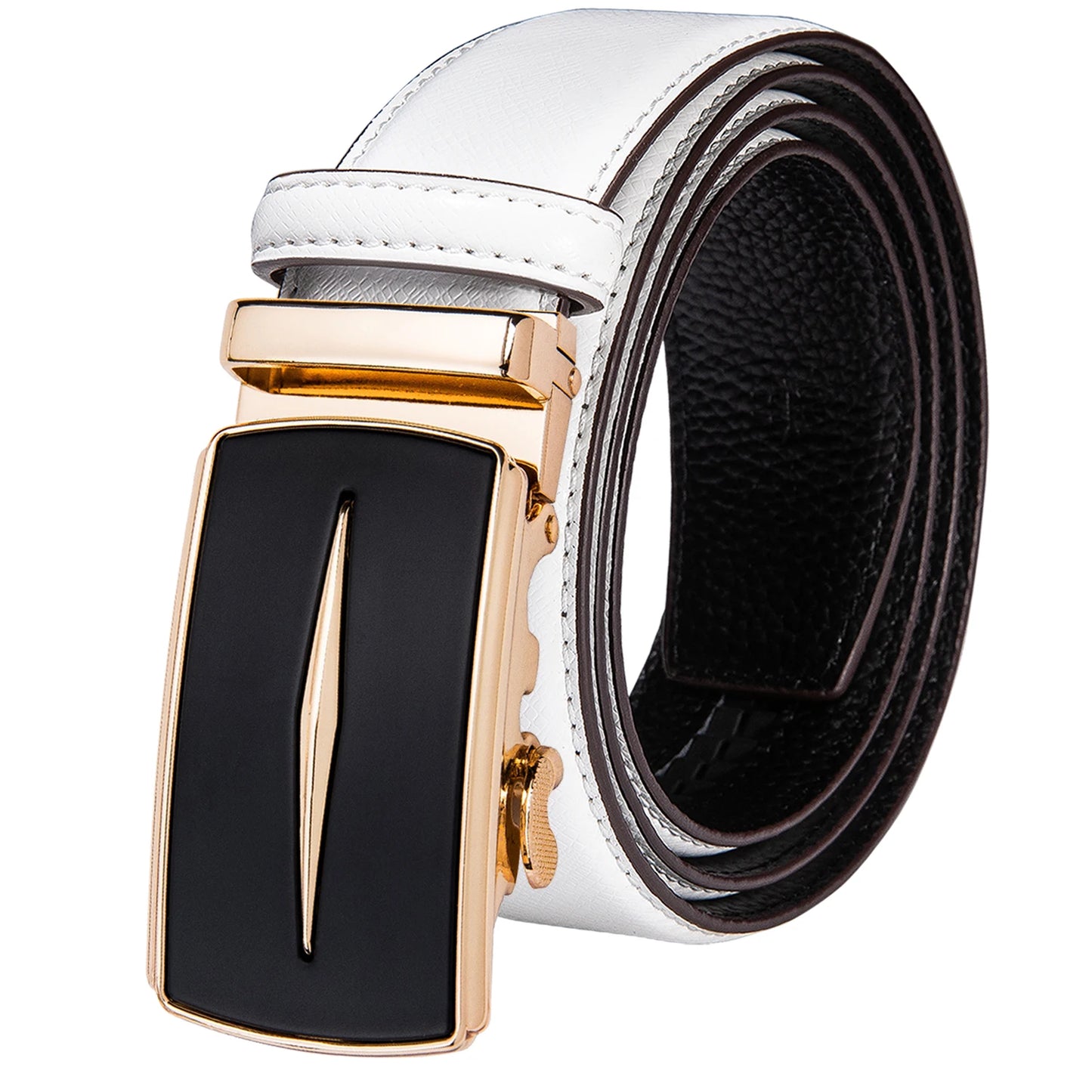 High Quality White Genuine Leather Mens Belts Gold Automatic Buckles Waistband Ratchet for Dress Jeans Casual Wedding Luxury