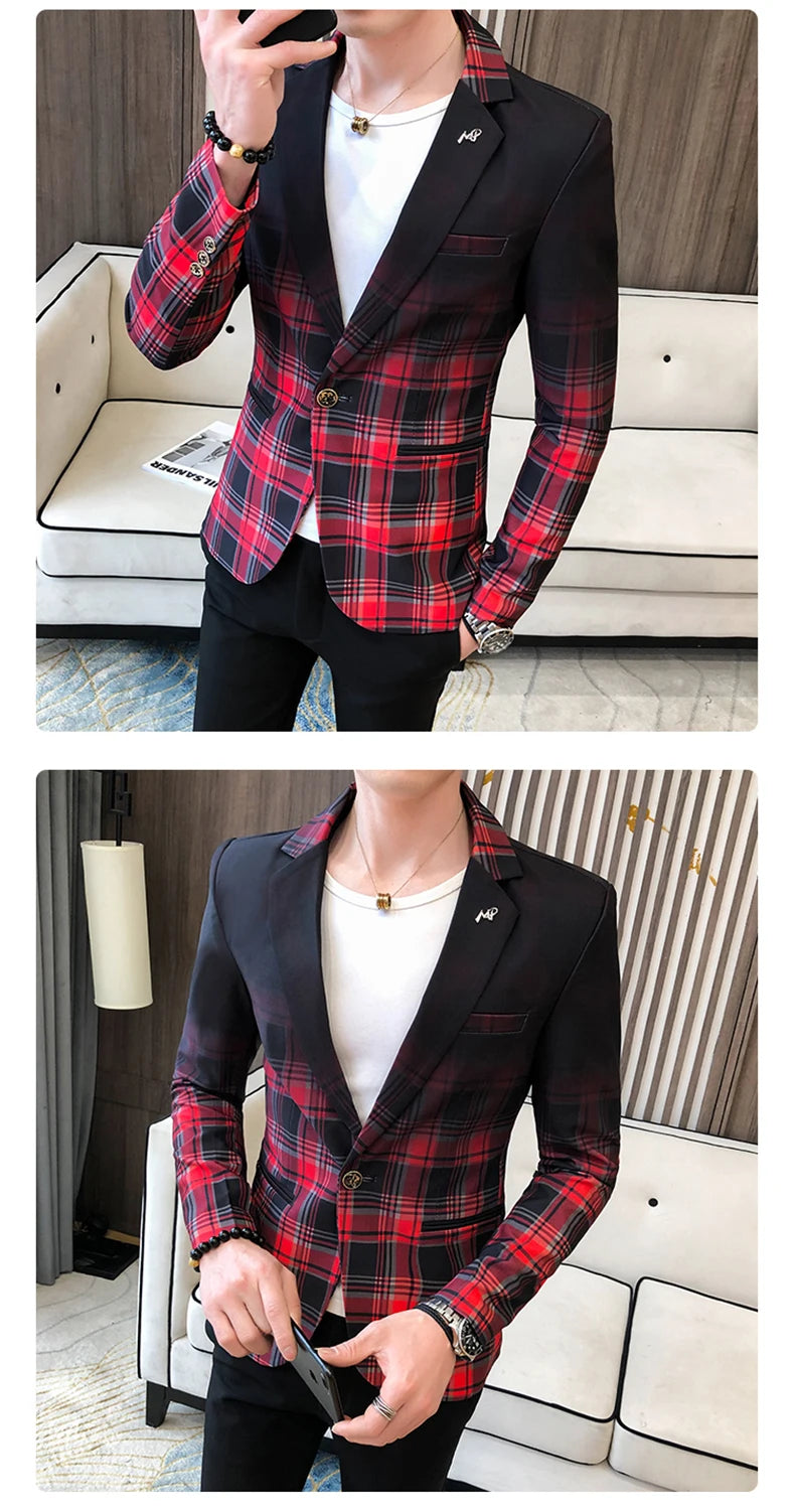 Blazer Men Boutique Fashion Plaid Men's Slim Casual Suit Jacket Male Ball Social Blazer Suit Coat Host Clothing