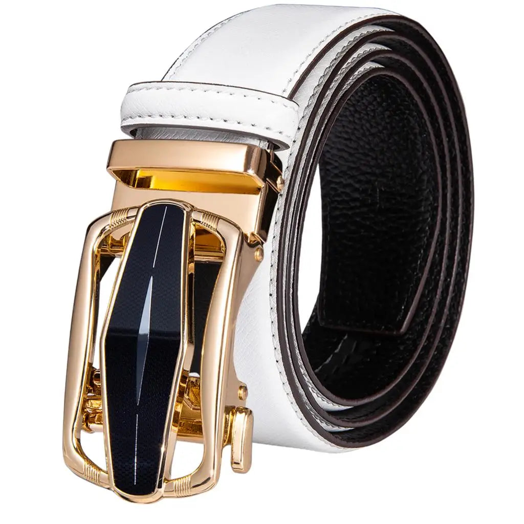 High Quality White Genuine Leather Mens Belts Gold Automatic Buckles Waistband Ratchet for Dress Jeans Casual Wedding Luxury