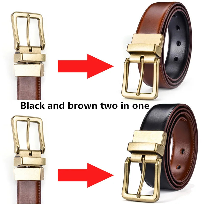 1Pcs Men's Leather Reversible Belts Casual Adjustable Antique Style Rotated Buckle Belt 2 In 1