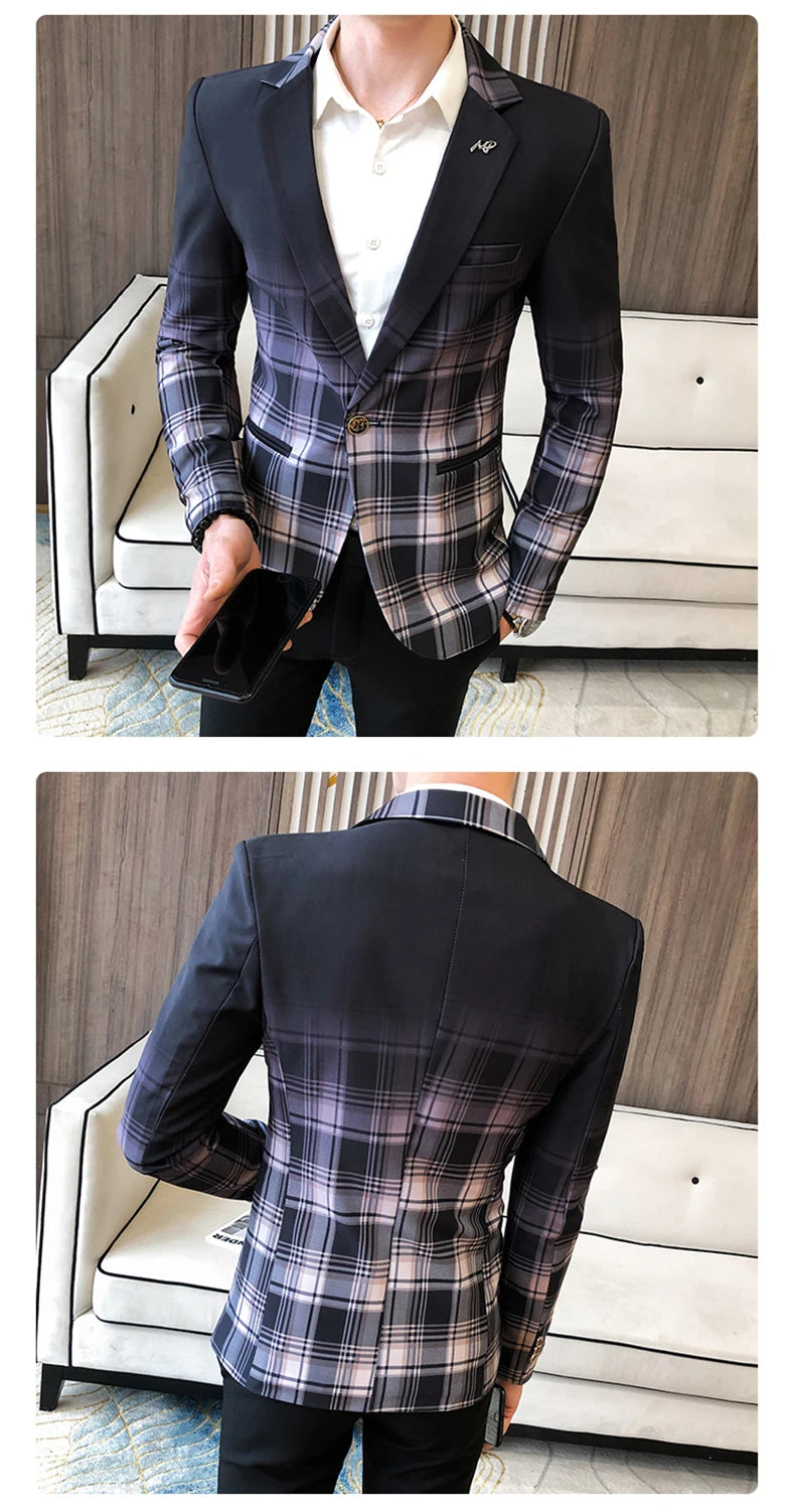 Blazer Men Boutique Fashion Plaid Men's Slim Casual Suit Jacket Male Ball Social Blazer Suit Coat Host Clothing