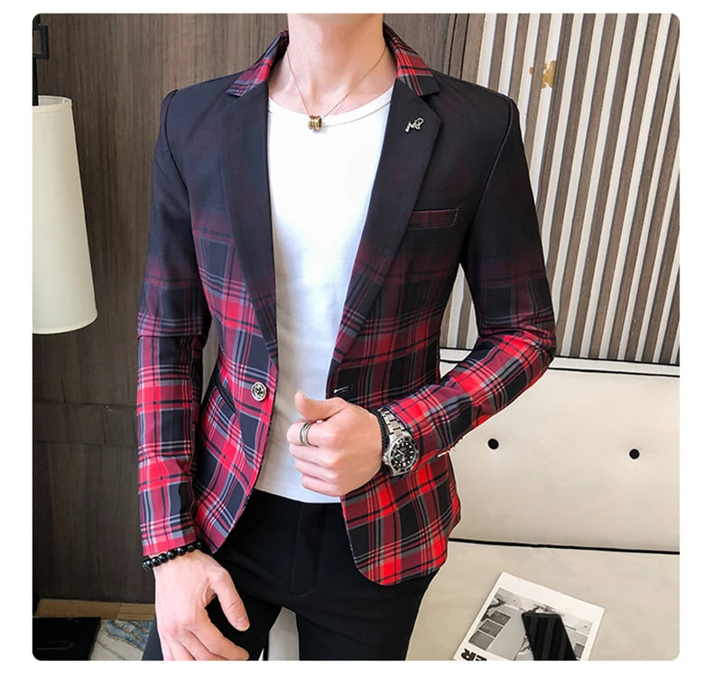 Blazer Men Boutique Fashion Plaid Men's Slim Casual Suit Jacket Male Ball Social Blazer Suit Coat Host Clothing