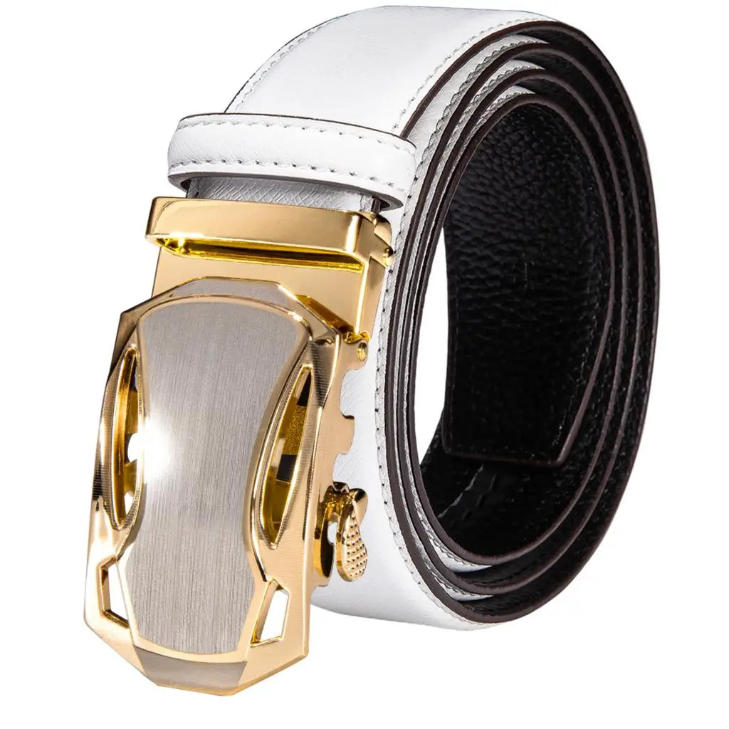 High Quality White Genuine Leather Mens Belts Gold Automatic Buckles Waistband Ratchet for Dress Jeans Casual Wedding Luxury