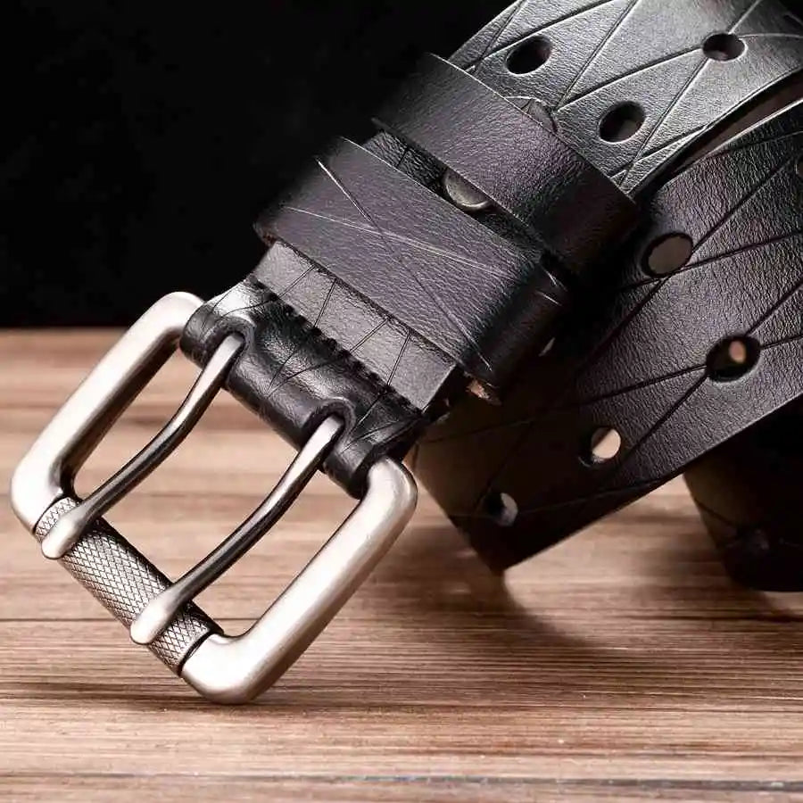 Men's Leather Double Prong Belt Classic Pin Buckle Strap Universal Hollowed Out Waistband NEW Width:3.8cm