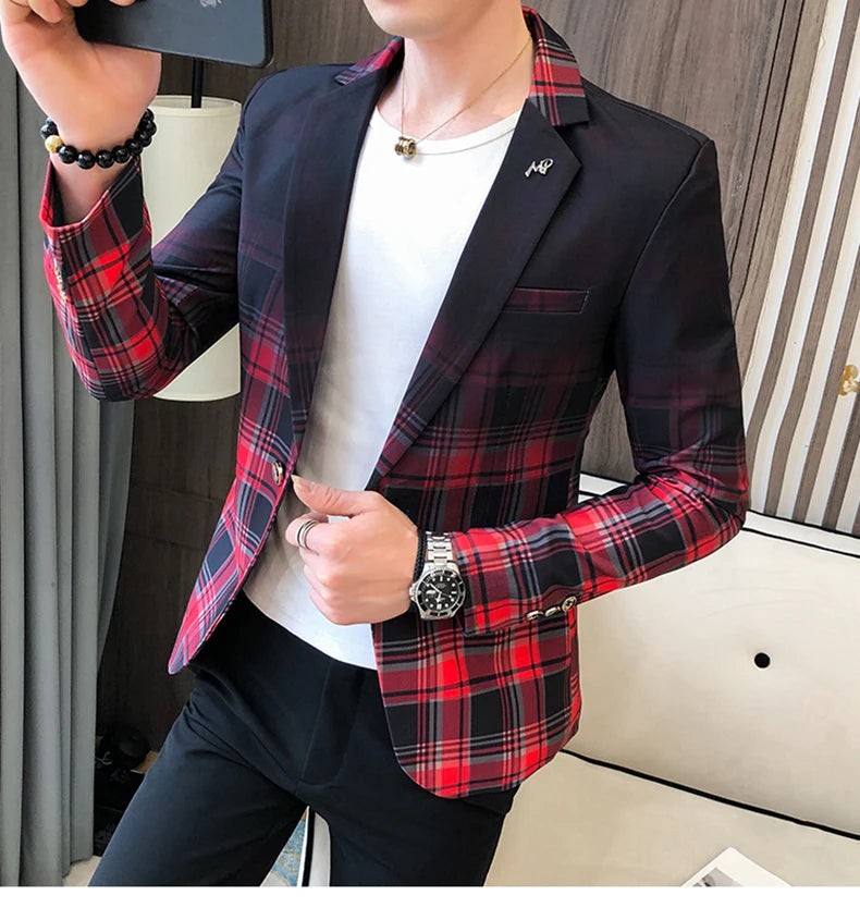 Blazer Men Boutique Fashion Plaid Men's Slim Casual Suit Jacket Male Ball Social Blazer Suit Coat Host Clothing