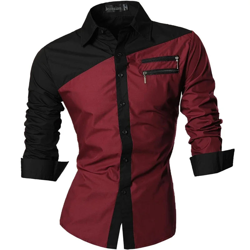 Jeansian Men's Casual Dress Shirts Fashion Desinger Stylish Long Sleeve K015 WineRed