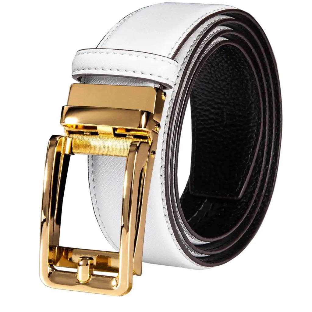 High Quality White Genuine Leather Mens Belts Gold Automatic Buckles Waistband Ratchet for Dress Jeans Casual Wedding Luxury