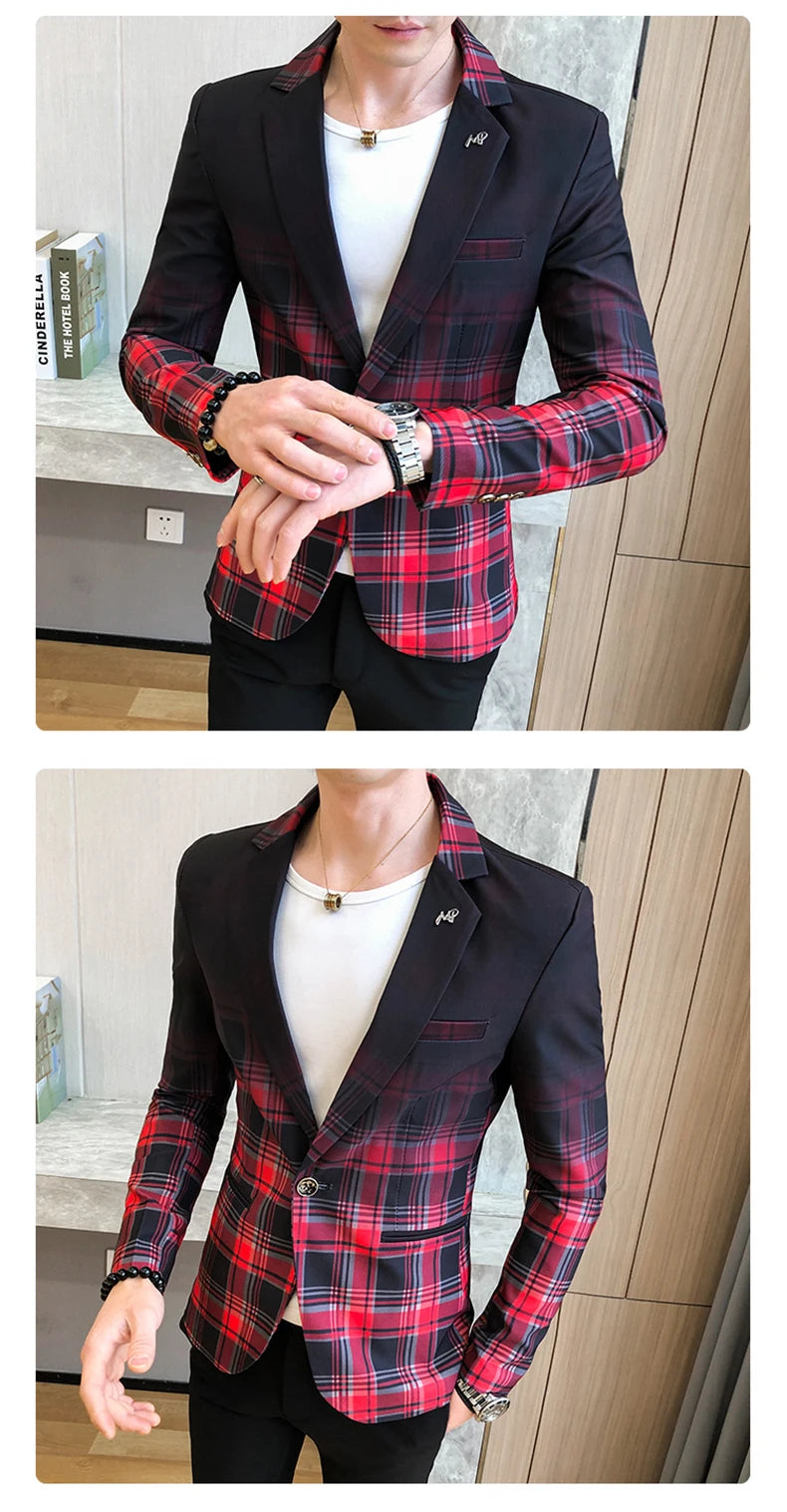 Blazer Men Boutique Fashion Plaid Men's Slim Casual Suit Jacket Male Ball Social Blazer Suit Coat Host Clothing