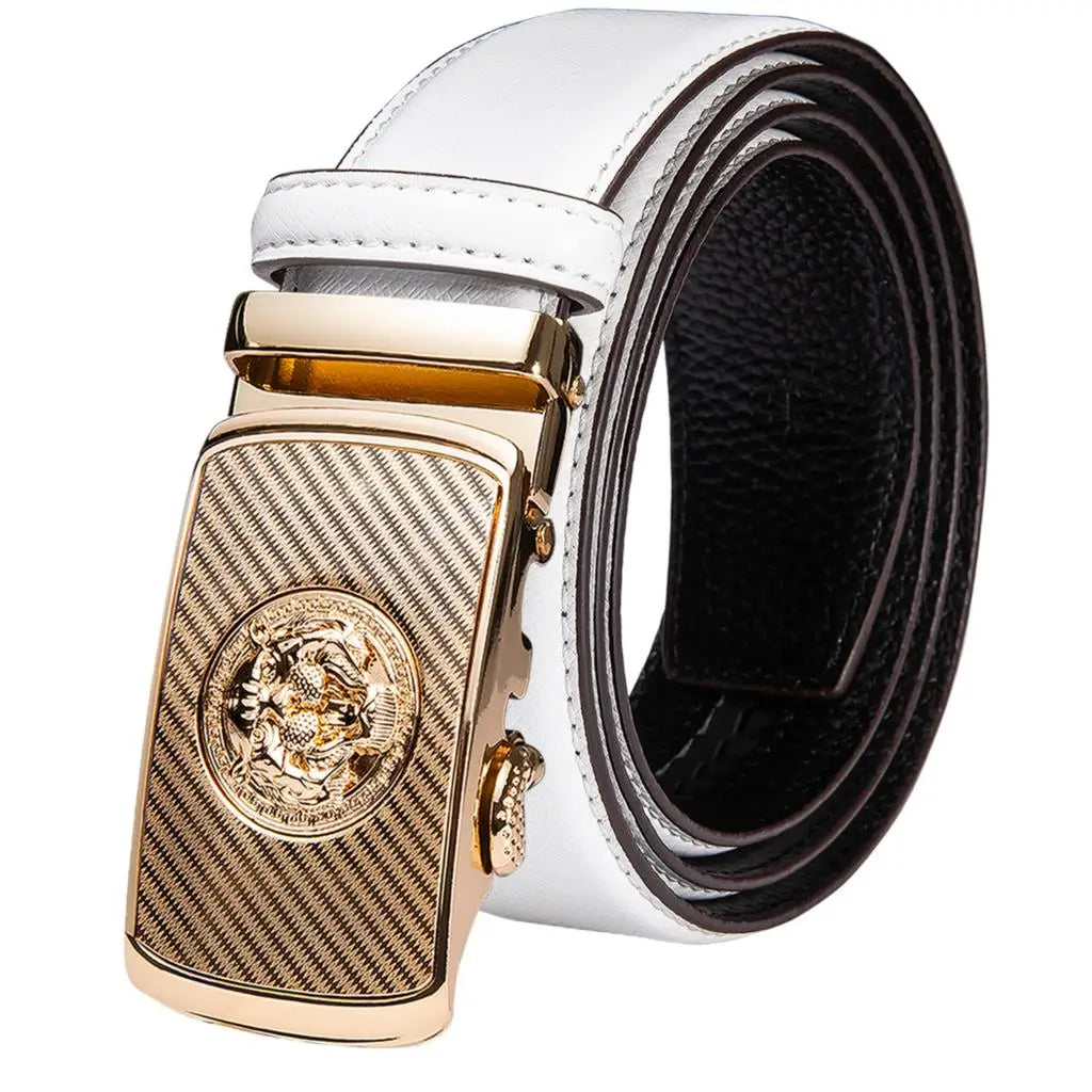 High Quality White Genuine Leather Mens Belts Gold Automatic Buckles Waistband Ratchet for Dress Jeans Casual Wedding Luxury