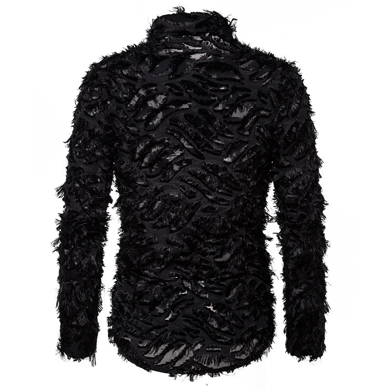 Sexy Black Feather Lace Shirt Men 2023 Fashion See Through Clubwear Dress Shirts Mens Event Party Prom Transparent Chemise S-3XL