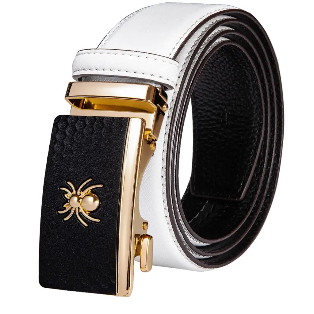 High Quality White Genuine Leather Mens Belts Gold Automatic Buckles Waistband Ratchet for Dress Jeans Casual Wedding Luxury