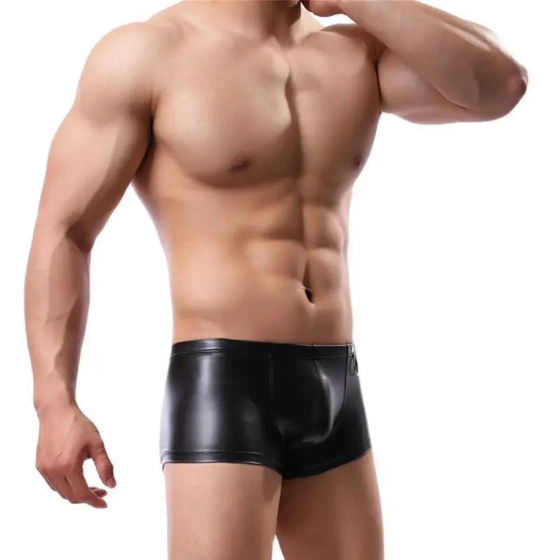 CLEVER-MENMODE Sexy Men Boxer Mens Faux leather Underwear Underpants Penis Pouch PU Boxers homem Soft Boxershorts Panties Shorts