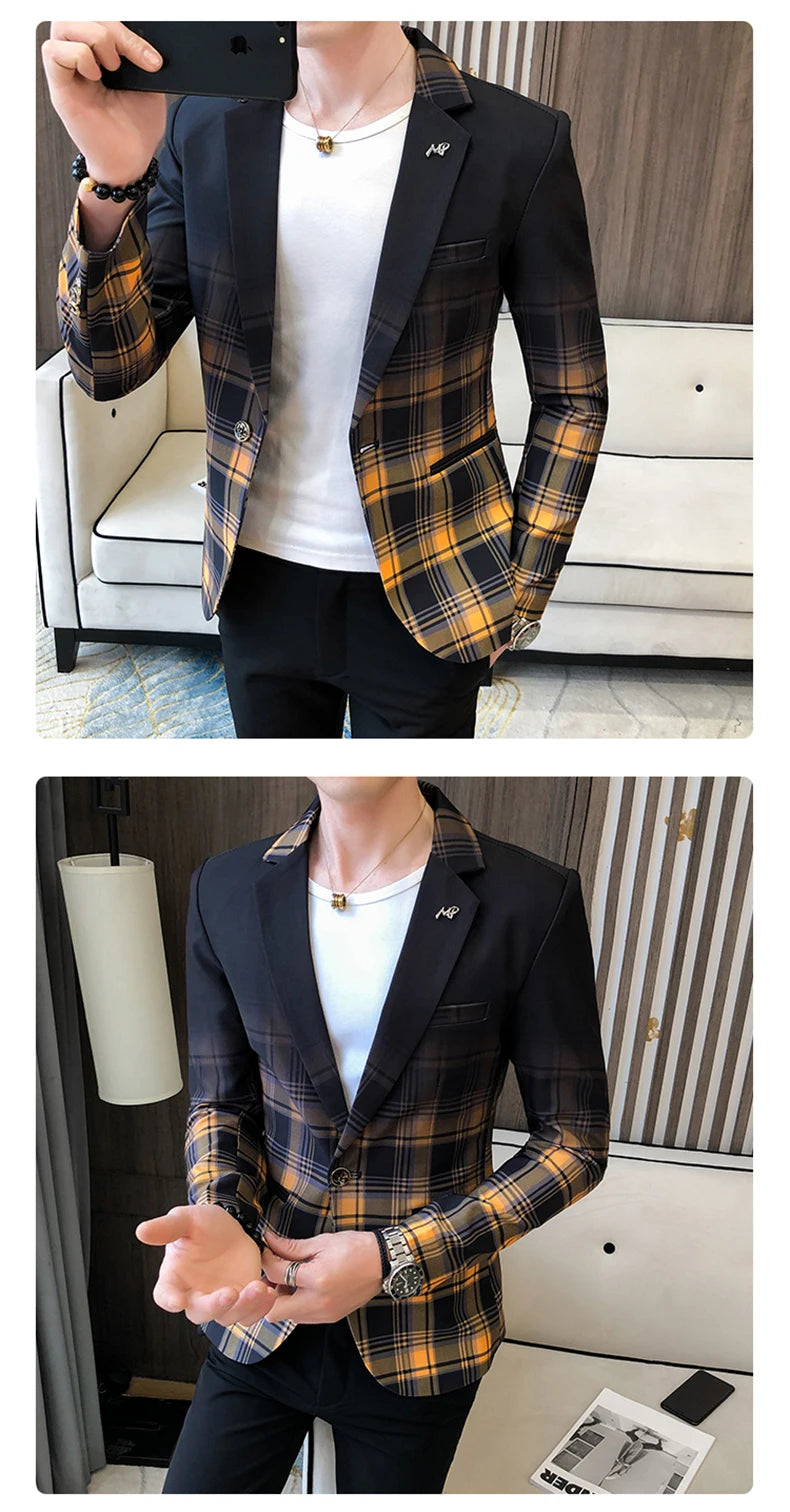 Blazer Men Boutique Fashion Plaid Men's Slim Casual Suit Jacket Male Ball Social Blazer Suit Coat Host Clothing