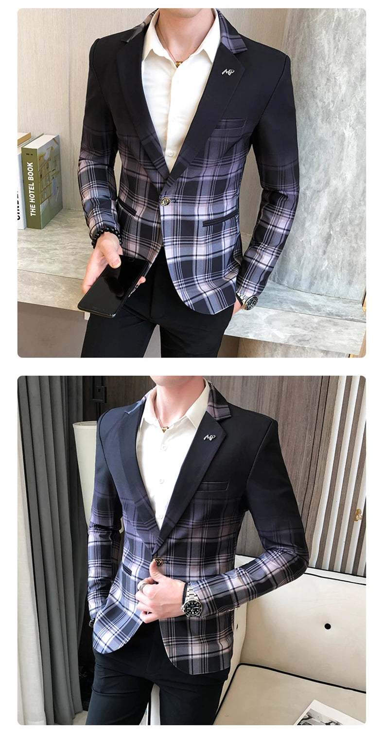 Blazer Men Boutique Fashion Plaid Men's Slim Casual Suit Jacket Male Ball Social Blazer Suit Coat Host Clothing