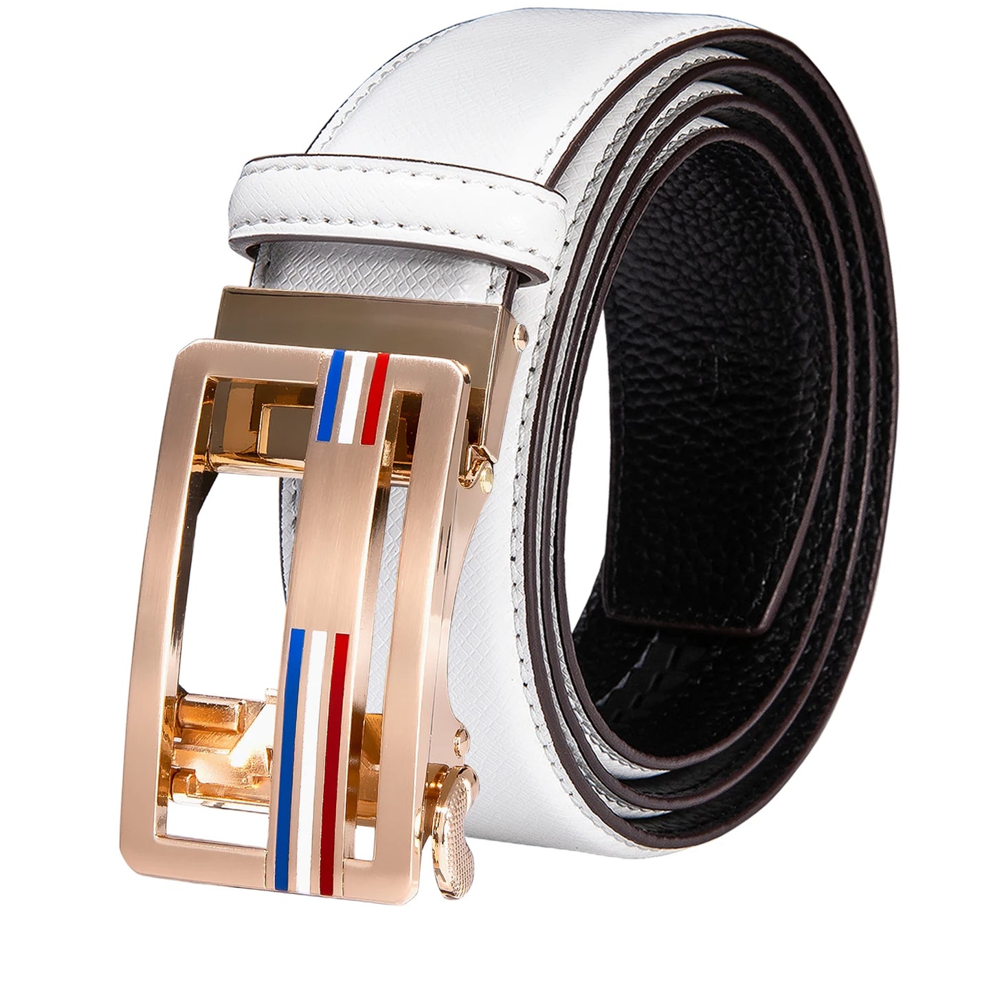 High Quality White Genuine Leather Mens Belts Gold Automatic Buckles Waistband Ratchet for Dress Jeans Casual Wedding Luxury