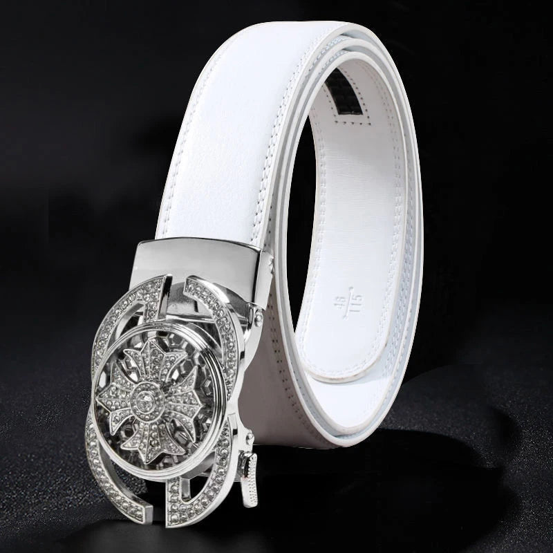 Time Comes To Revolve Belt Office Men Leather Automatic Buckle White Belt New Korean Style Trend Designer Authentic Casual Belt