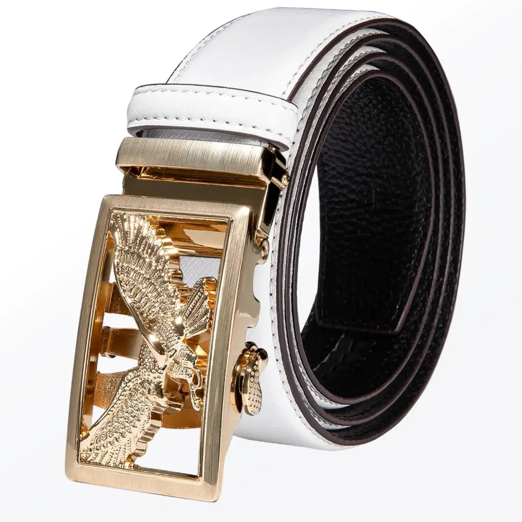 High Quality White Genuine Leather Mens Belts Gold Automatic Buckles Waistband Ratchet for Dress Jeans Casual Wedding Luxury