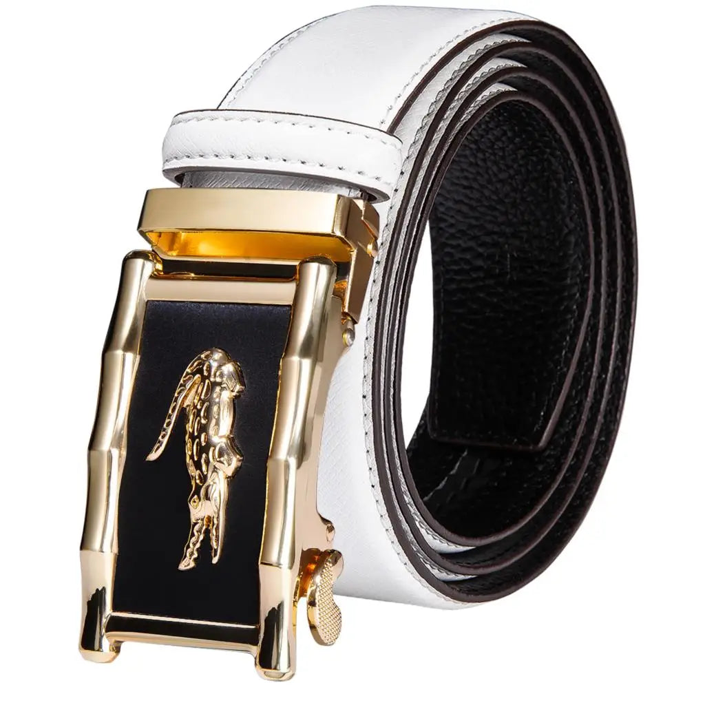 High Quality White Genuine Leather Mens Belts Gold Automatic Buckles Waistband Ratchet for Dress Jeans Casual Wedding Luxury