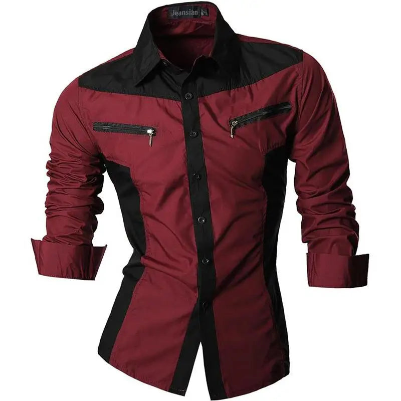 Jeansian Men's Casual Dress Shirts Fashion Desinger Stylish Long Sleeve K015 WineRed