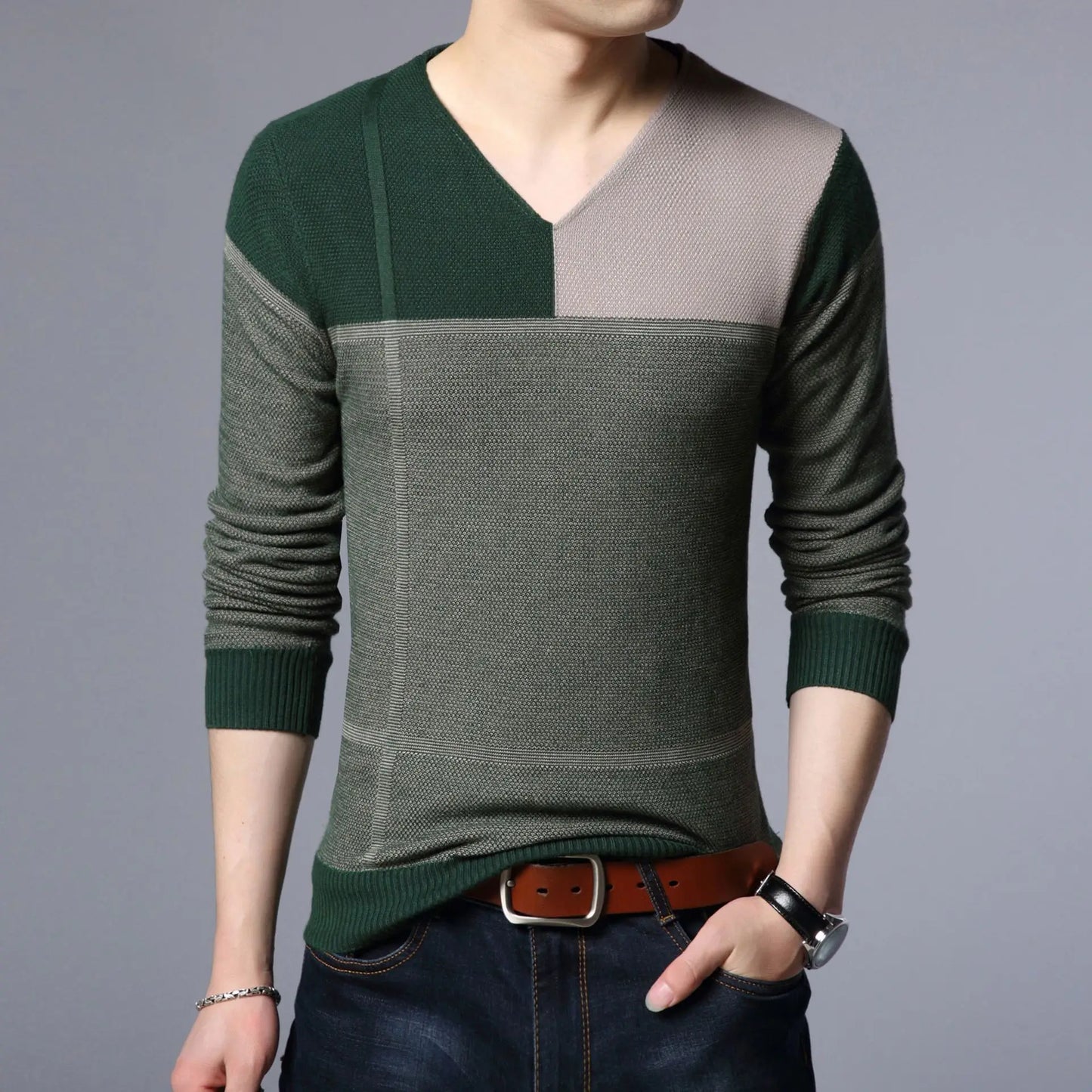 New Men Pullover Fashion Young V Neck Spring Autumn Slim Fit  Knit Patchwork Striped Male Casual Jumpers Outwear Full Sweater