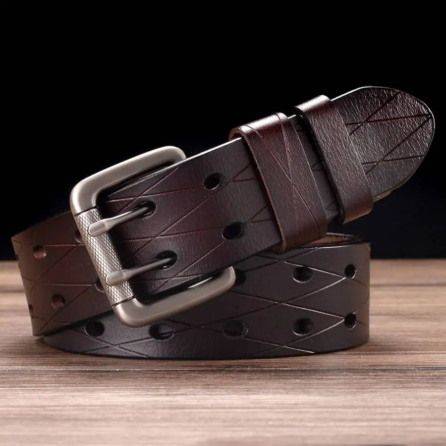 Men's Leather Double Prong Belt Classic Pin Buckle Strap Universal Hollowed Out Waistband NEW Width:3.8cm