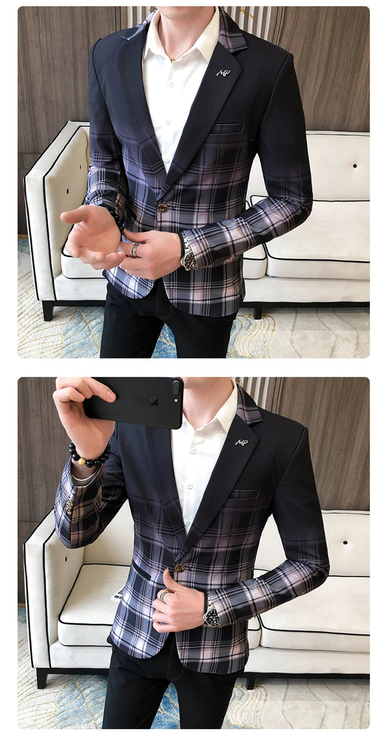 Blazer Men Boutique Fashion Plaid Men's Slim Casual Suit Jacket Male Ball Social Blazer Suit Coat Host Clothing