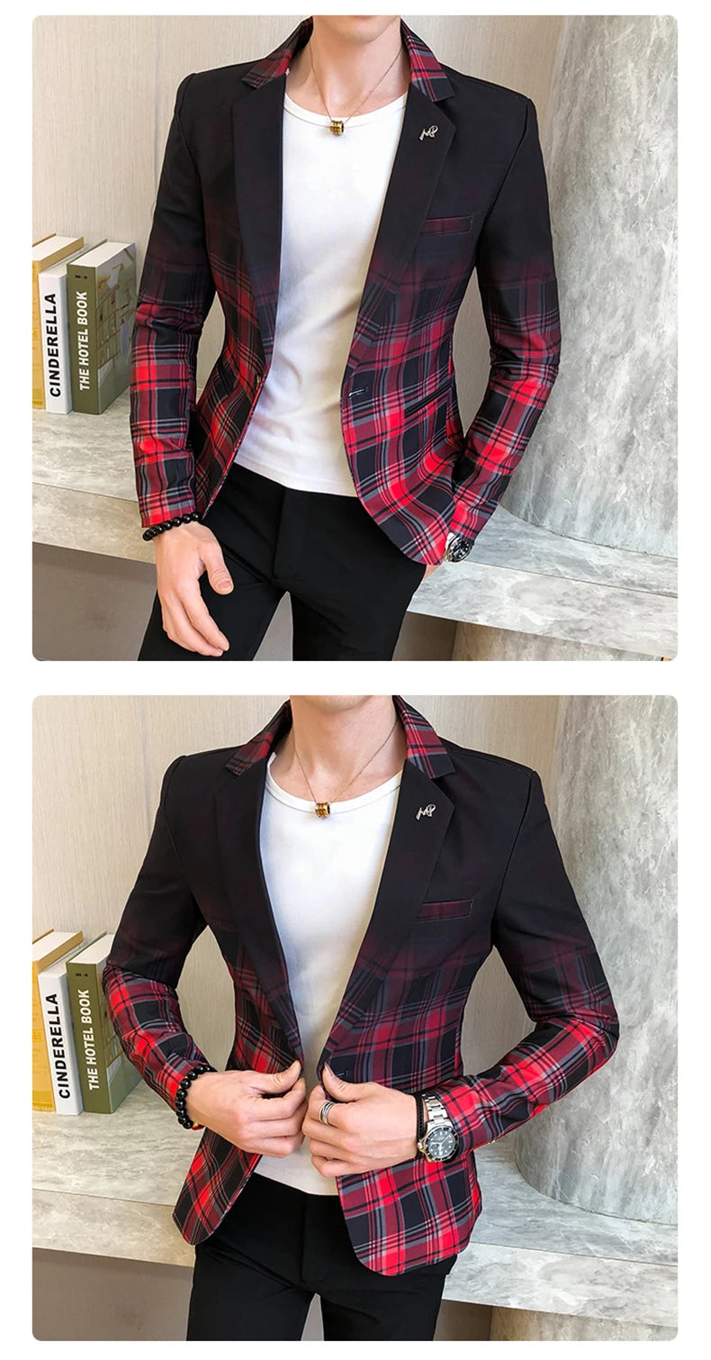 Blazer Men Boutique Fashion Plaid Men's Slim Casual Suit Jacket Male Ball Social Blazer Suit Coat Host Clothing