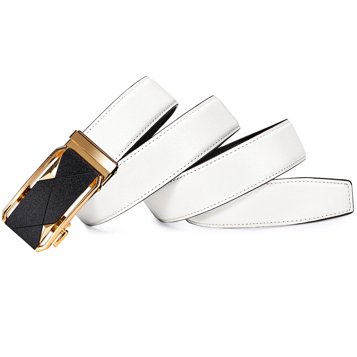 High Quality White Genuine Leather Mens Belts Gold Automatic Buckles Waistband Ratchet for Dress Jeans Casual Wedding Luxury