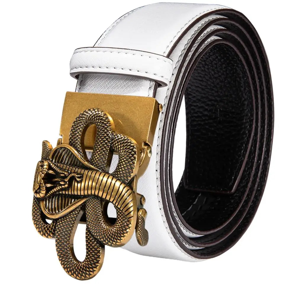 High Quality White Genuine Leather Mens Belts Gold Automatic Buckles Waistband Ratchet for Dress Jeans Casual Wedding Luxury