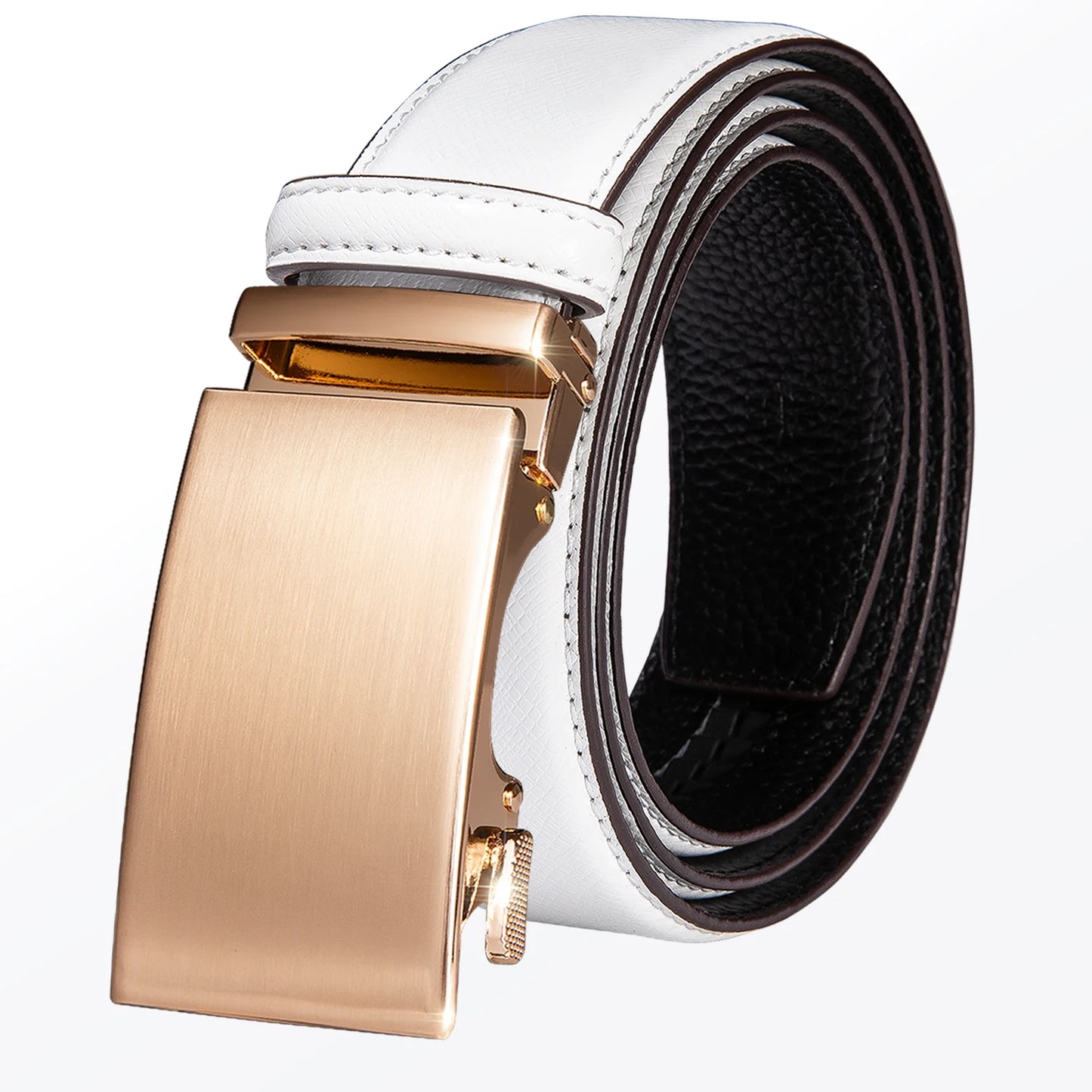 High Quality White Genuine Leather Mens Belts Gold Automatic Buckles Waistband Ratchet for Dress Jeans Casual Wedding Luxury