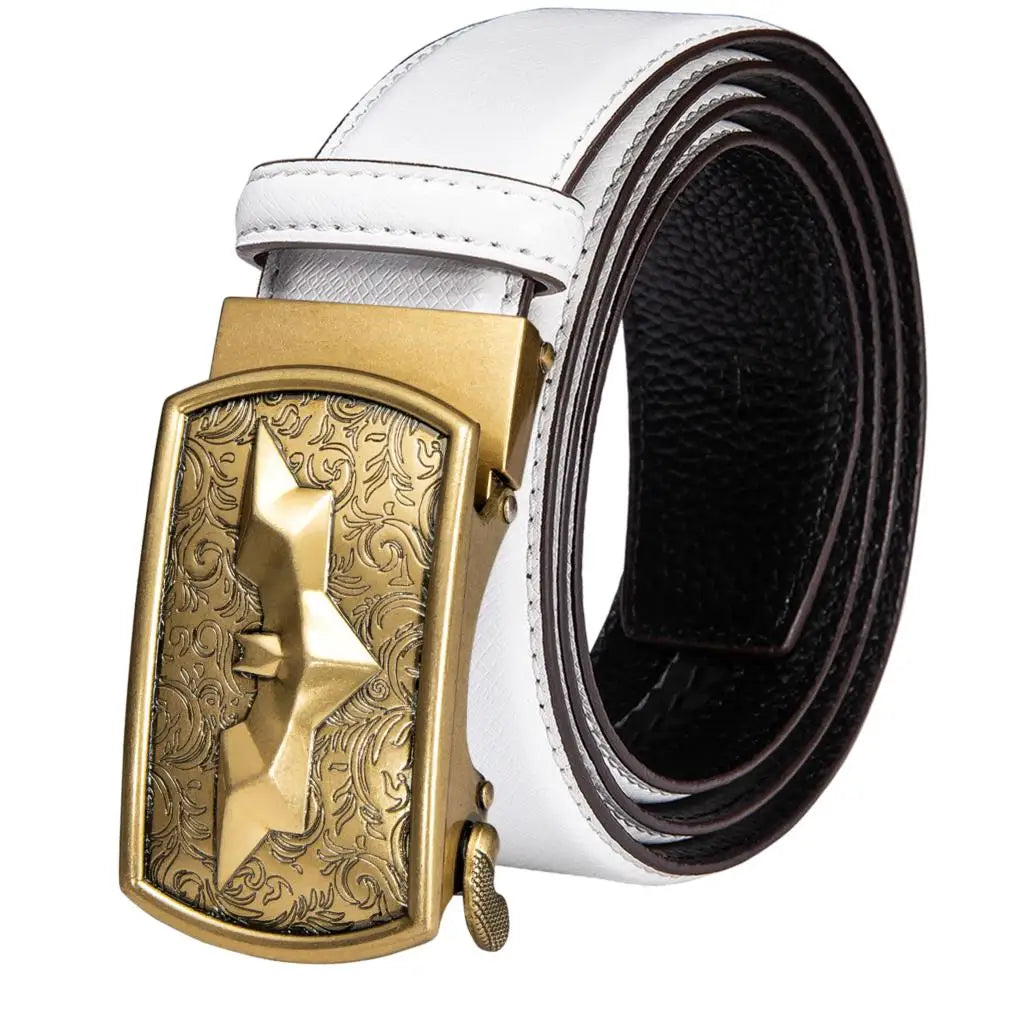 High Quality White Genuine Leather Mens Belts Gold Automatic Buckles Waistband Ratchet for Dress Jeans Casual Wedding Luxury